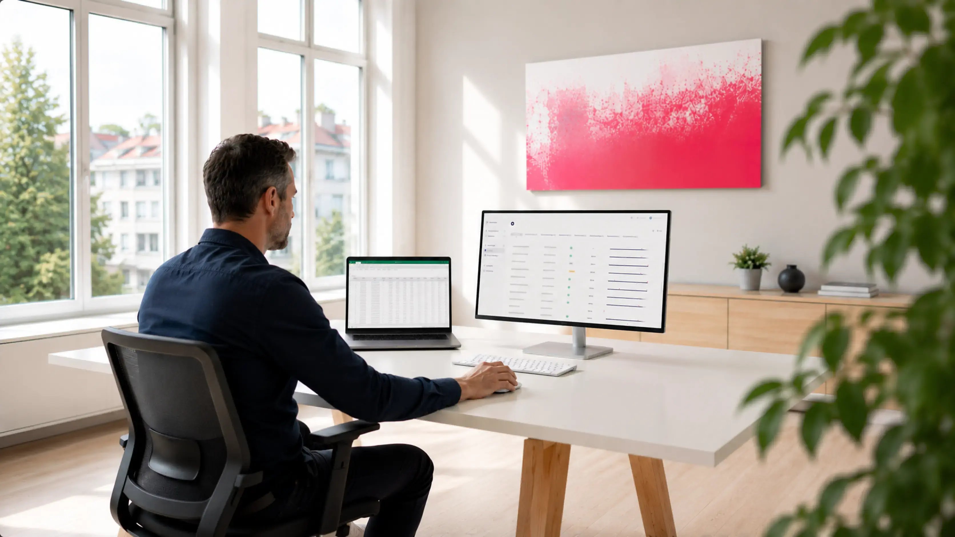 Ein Mann vergleicht Excel mit Komit und lernt die Vorteile des Vertragsmanagements kennen